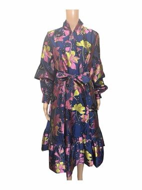 Stine Goya Floral Tie Waist Midi Dress Navy Pink Long Sleeve Ruffle Hem Size m